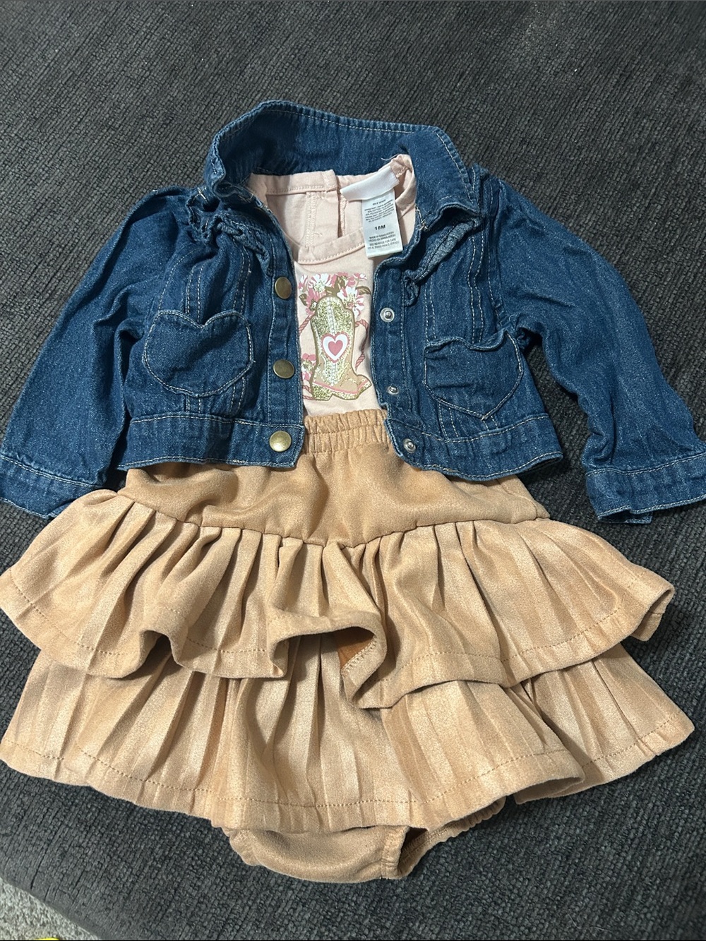 Little Lass Denim Jacket with Cream Top and Tan Ruffle Skirt Set